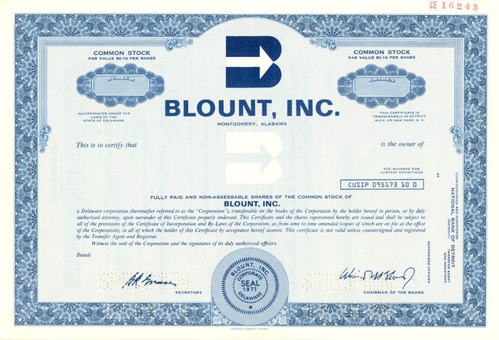 Blount, Inc. - Stock Certificate